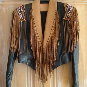 AUGUSTINA LEATHER JACKET w FRINGES & BEAD-WORK